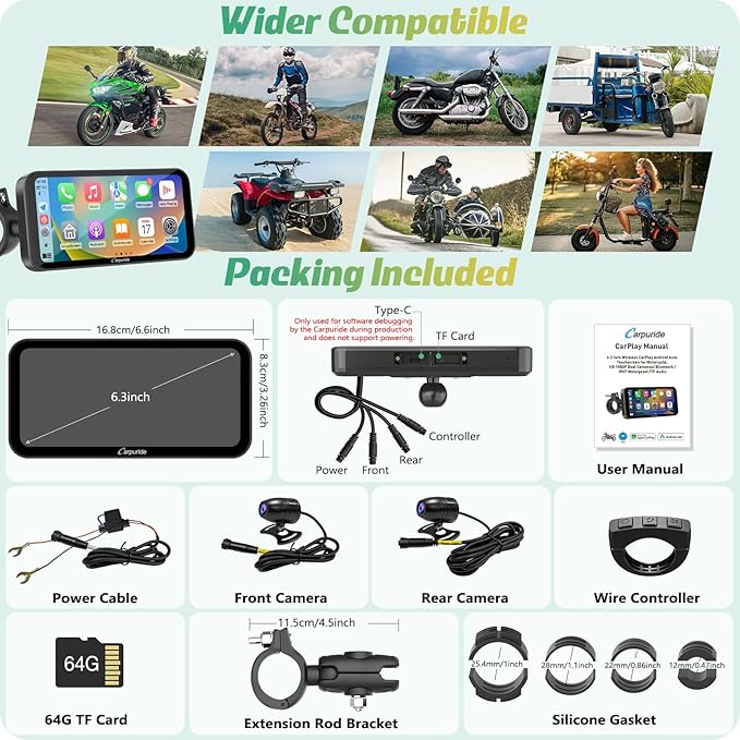 Carpuride W603D Motorcycle GPS Carplay Screen, Wireless CarPlay & Android Auto for Moto, with HD 1080P Dual Cameras, Remote Control，6.3" Waterproof Touchscreen, BT Aduio, Loop