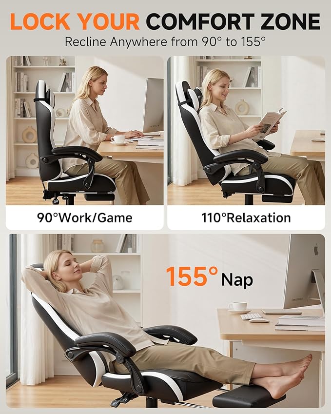 GTPLAYER Gaming Chair, Ergonomic Computer Office Chairs for Adults with Footrest, Height Adjustable, Linkage Armrests, 90-155° Recline & Headrest Lumbar Support, Black & White