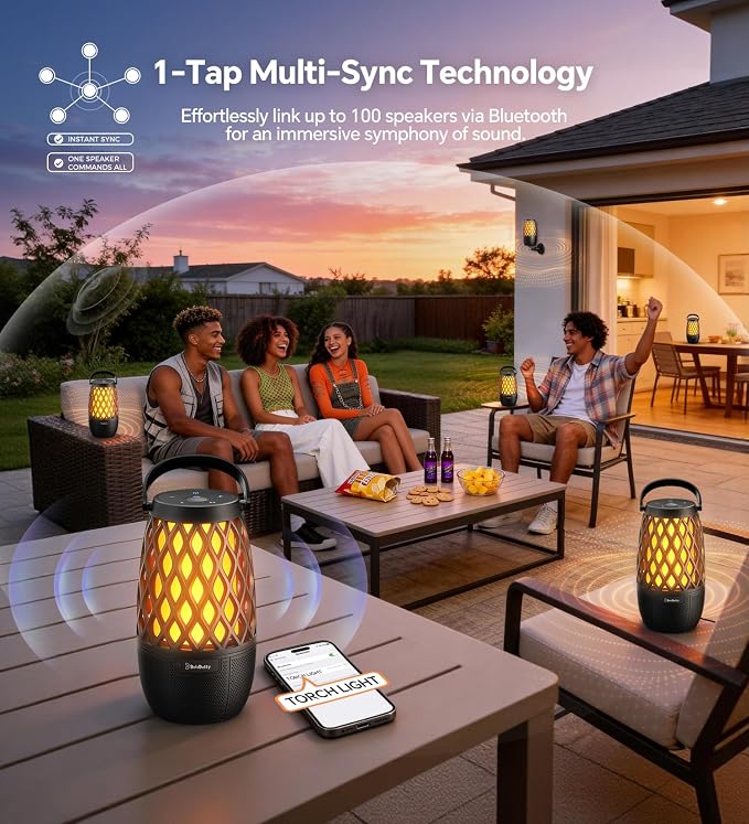Outdoor Speakers Gifts for Men Bluetooth Speaker with Lights Multi-Sync up to 100 Speakers Auto-Pairing HD Stereo Sound Cool Stuff House Warming Gifts IPX5 Waterproof Lantern for Camp|Patio|Pool|Yard