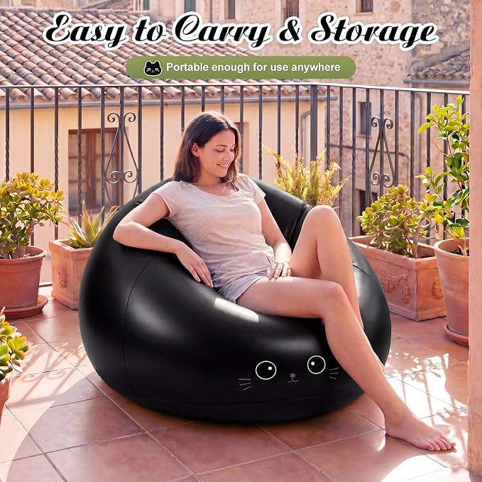 Capoda 1 Pcs Inflatable Bean Bag Chair with Air Pump - Black Cat Blow up Beach Chair Folding Portable PVC Lazy Sofa Inflatable Seating for Adults Gaming Camping Movie Party Supplies
