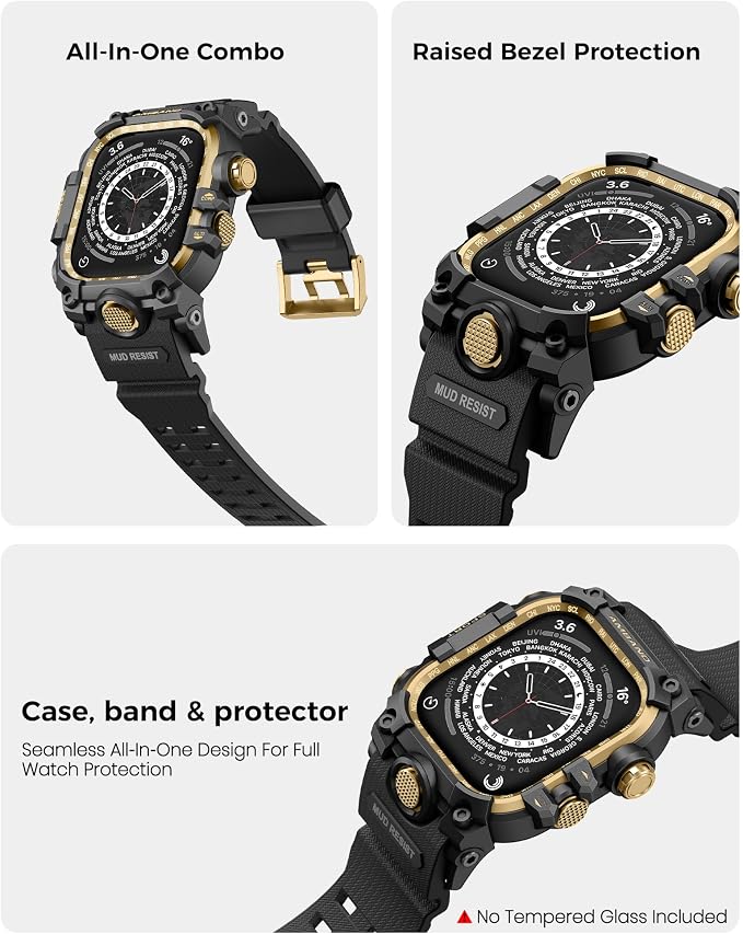 amBand Rugged Case with Band for Apple Watch 45mm, Compatible with Apple Watch (iWatch) Series 9/8/7, Military Grade Shockproof Bumper Cover, Tactical Band for Men, Black Gold