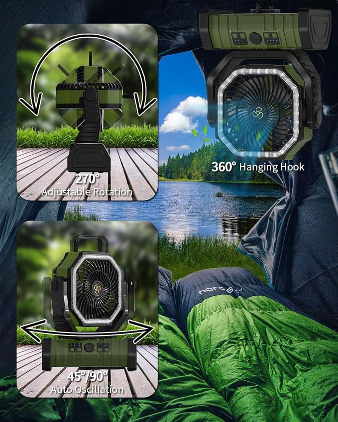 ADUST Camping Battery Powered Fan with LED Light 20000mAh Rechargeable Portable, Oscillating Cordless USB Desk Fan with Rotation Hanging Hook for Tent, Canopy, Beach, Outdoor Travel(Green)