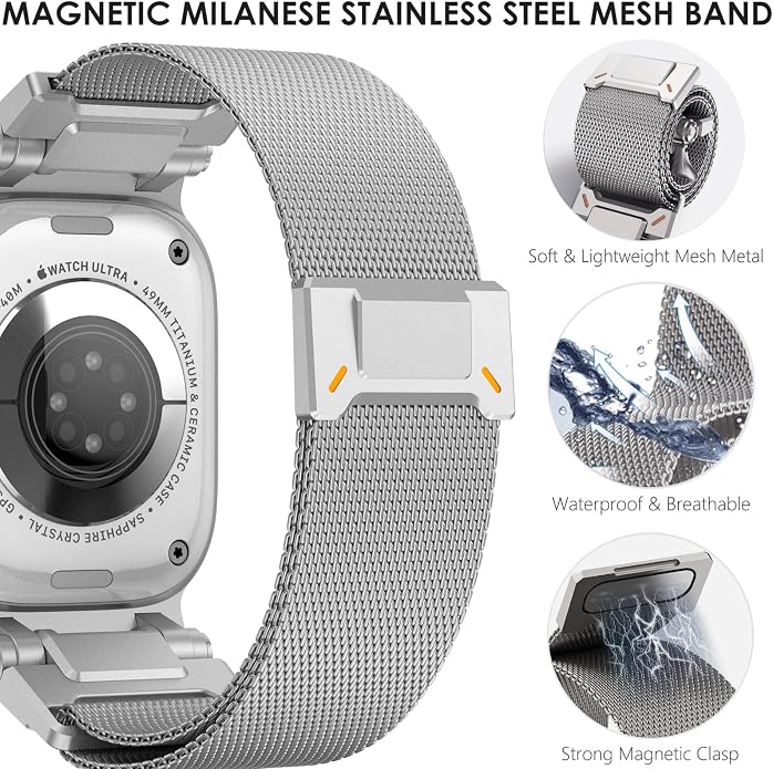 WINGLE Milanese Loop for Apple Watch Band Ultra 3/2/1 Band Ultra 49mm Series 11 10 46mm 45mm 44mm SE 3/2/1 Series 9 8 7 6 5 4 3 Men Women,Parachute-Style Buckle Stainless Steel Mesh Metal iWatch Bands