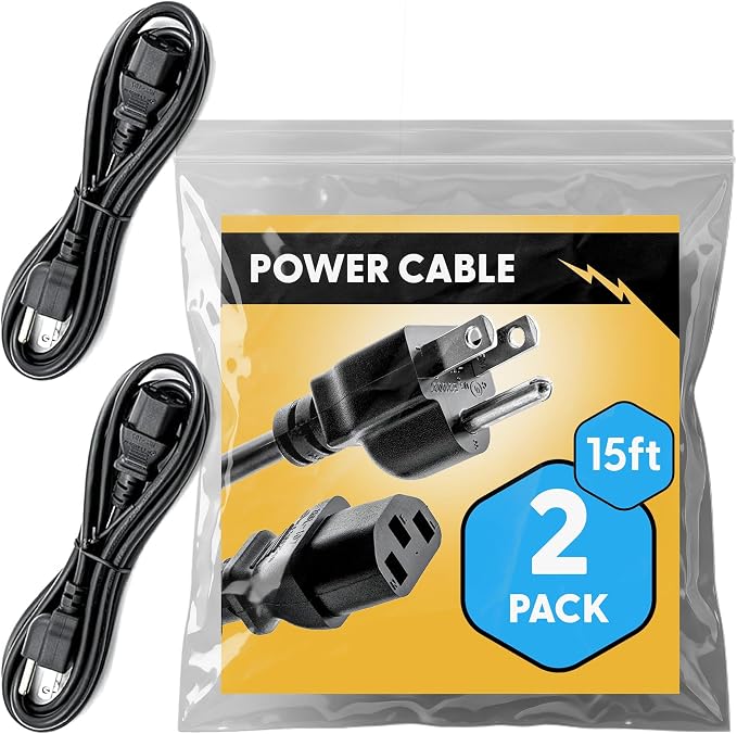 UL Approved 15ft Universal Power Cord (2 Pack) - IEC C13 to NEMA 5-15P Computer Monitor Cable for IT Departments, Data Centers & Bulk Purchasing - 18AWG 10A 125V