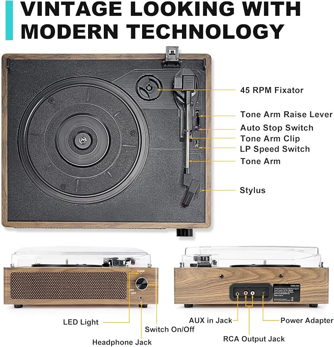 Vinyl Record Player with Speakers Vintage Turntable Vinyls Records Belt-Driven Turntables Support 3-Speed Wireless Playback Headphone AUX RCA Line LP Vinyl Players for Sound Enjoyment Retro Wood Cyan