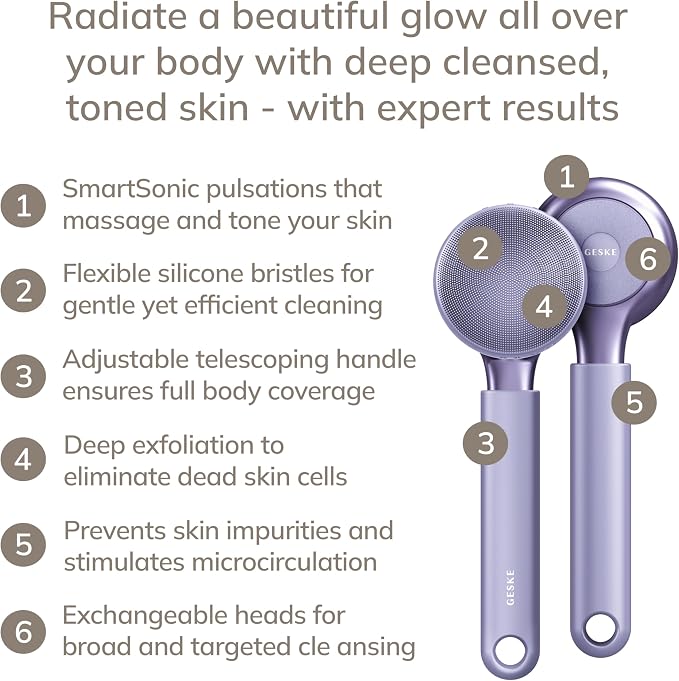GESKE Sonic Full-Body Brush & Intensive Exfoliator | 8 in 1 | Electric Body Cleansing Brush | With SmartSonic Pulsations | Deep Cleansing, Exfoliation, Massage | Extendable Handle | Rough Skin Remover