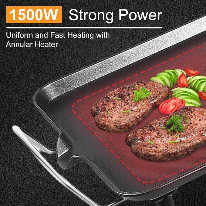 Electric Griddle & Flat Grill with Nonstick Large Cooking Surface and Removable Probe 11" x 26", 32-482℉(Five Gears Adjust)