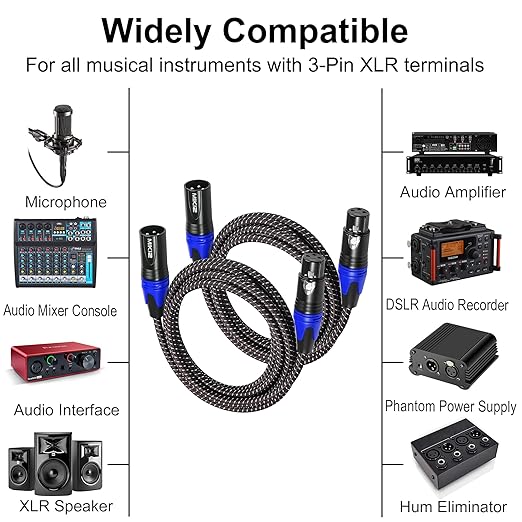 XLR Cables Braided 6ft 2 Pack Color Coded in Blue Premium Anti-tangling XLR Patch Cables Short for Microphone DJ