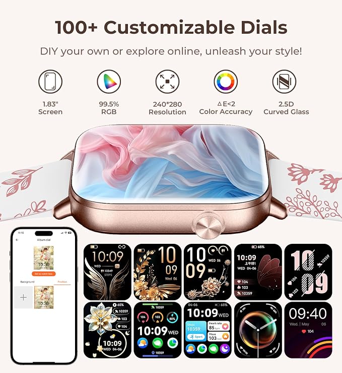 Iaret Smart Watch for Women, 1.83" HD Fitness Tracker with 4 Bands, Answer/Make Calls, Heart Rate/Sleep/SpO2/Step Tracking, 100+ Sport Modes, Android/iPhone Compatible Gift (White)