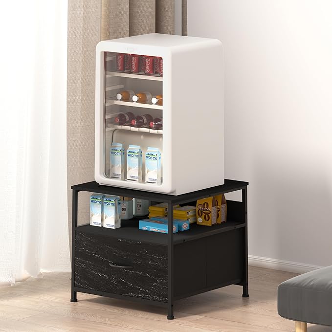 Unionly180 lb Mini Fridge Table with Drawer Fridge Shelf, Mini Fridge Cabinet with Storage,Heavy Duty Fridge Stand with Charging Station, 4 Adjustable Feet for Home Kitchen (Black)
