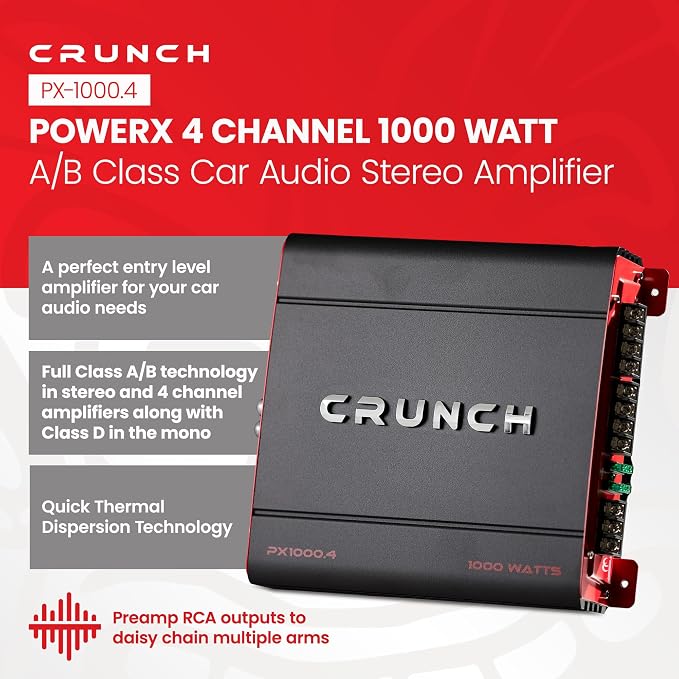 Crunch 4 Channel 1000 Watt Amp Car Truck Motor Vehicle Stereo Power Amplifier, PX 1000.4