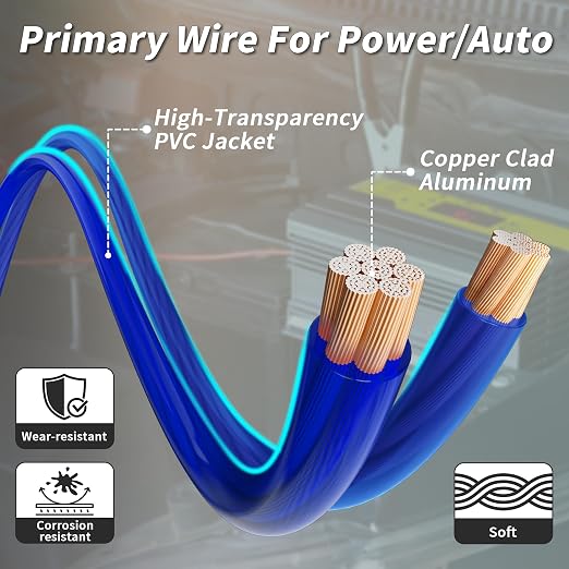 0 Gauge Wire 25FT Blue Copper Clad Aluminum CCA 1/0 Battery Cable, Primary Power/Ground Cable for Car Audio Speaker, RV Trailer, Amp, Inverter RV Truck, Marine, Solar Equipment, Translucent Jacket