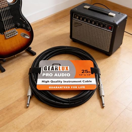 Gearlux Instrument Cable/Guitar Cable, 1/4 Inch, Straight to Straight, Black, 25 Feet - 10 Pack