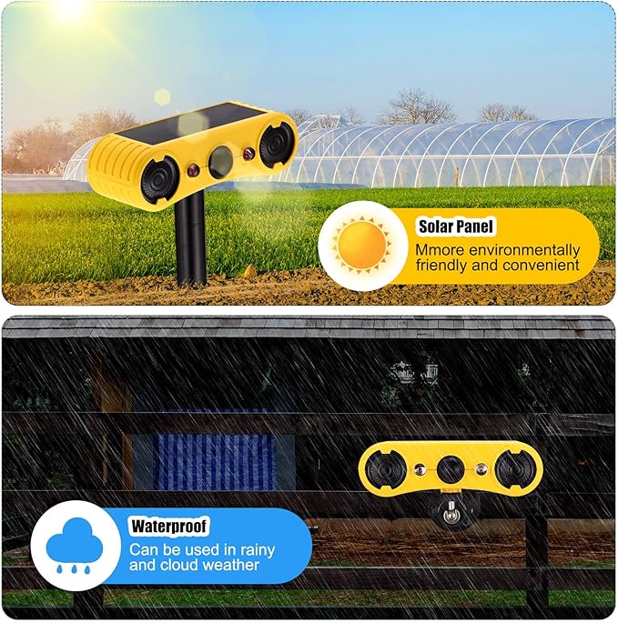 Qualirey 2 Pack Solar Outdoor Motion Sensor Alarm with Stake Animal Deterrent 2 x 129dB Loud Noisemaker 13 Sound Detector Strobe Light, 4 Mode Dog Barking Alarm Sensor on Ground or Fence