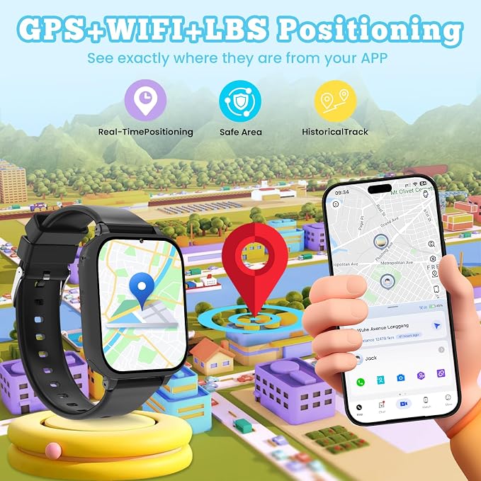 4G Kids Smart Watch GPS Tracker, Smartwatch for Kid with Video Calling, Voice Chat, Class Mode, SOS, Pedometer, Alarm, SIM Card HD Touch Screen Phone Watch Gift for 4-12 Girls Boys (Black)