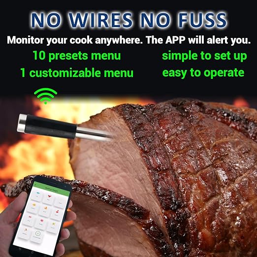 Wireless Smart Meat Thermometer, Digital Meat Thermometer Probe, Rechargeable Cooking Thermometer for Meat, 656FT Bluetooth Kitchen Thermometer for Meat, BBQ, Grilling, Oven, Smoker