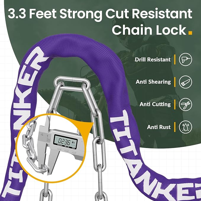 Titanker Bike Chain Lock with Keys, 3.3 Feet Security Heavy Duty Anti-Theft Bicycle Chain Locks for Bike, Motorcycle, Bicycle, Door, Gate, Fence, Grill (6mm, 8mm, 10mm Thick Chain)