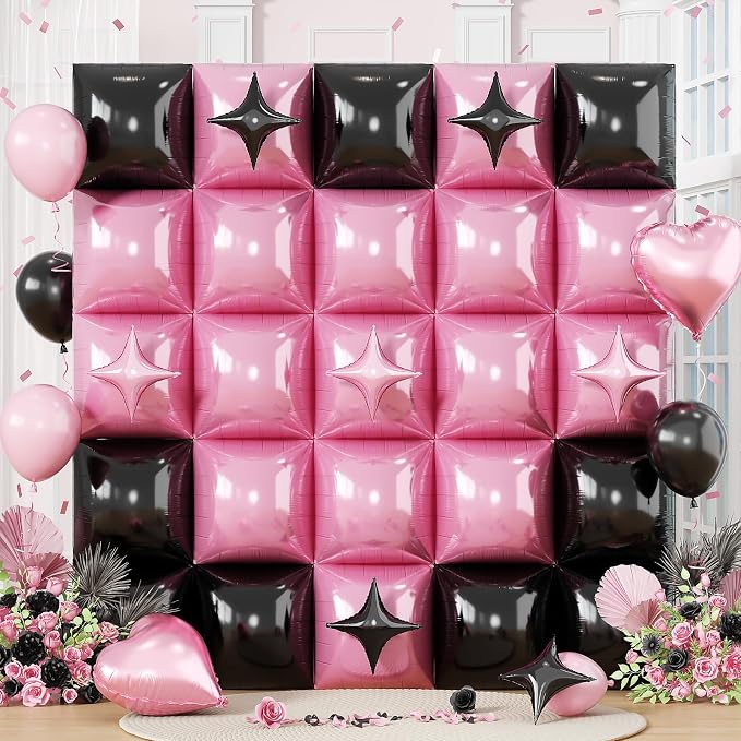 Electric Balloon Pump and 32PCS Pink and Black Square Foil Balloon with Star Foil Balloon, 600W Dual Nozzle Air Pump and Metallic Pink and Black Tunnel Arch Kit for Birthday Wedding Baby Shower