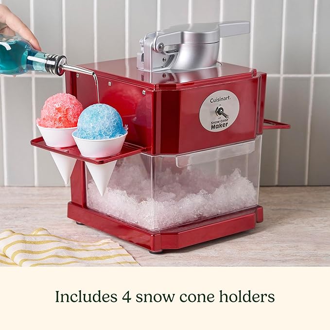 Cuisinart Snow Cone Machine, Home Shaved Ice Maker for Snow Cones, Snow Cone Maker with Reuseable Paper Cups, Makes 5 ICY Cones for Slushies, Frozen Drinks, Red, SCM-10P1