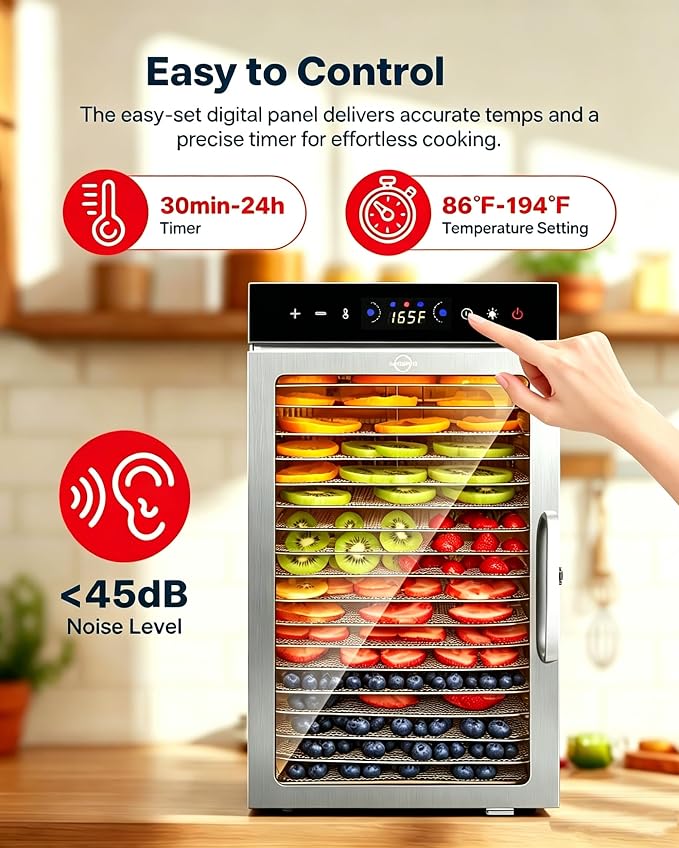 Dehydrator 18Tray, Dual Fan Food Dehydrator Machine 800W Fast Drying, 24H Timer, 86-194℉ Temperature Control, 45dB Low Noise, LED Panel, Stainless Steel Dehydrator for Food and Herbs, Jerky Meat Fruit