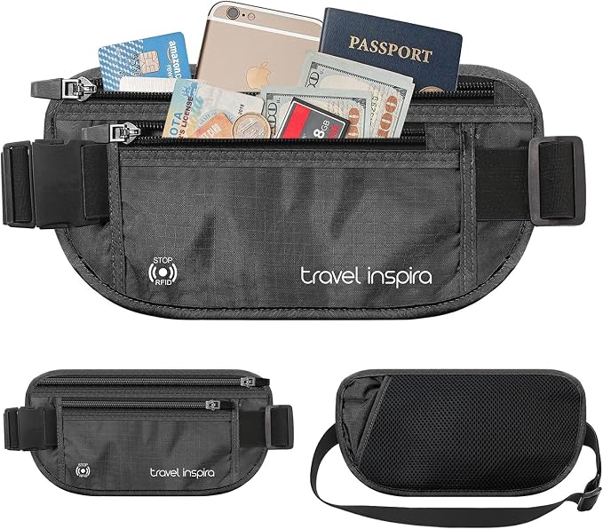 travel inspira RFID Blocking Travel Money Belt with Anti-Thief Zip - Slim Passport Holder and Digital Luggage Scale 110 Pounds, Battery Included