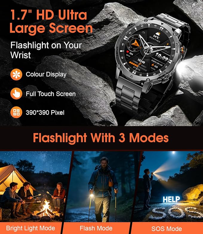 SUNKTA Military Smartwatch for Men with Flashlight,1400mAh Battery Fitness Tracker Smart Watches,1.7" HD Screen 5ATM Waterproof Sport Smart Watch for Android iPhone,Heart Rate/Sleep Monitor(2 Bands)