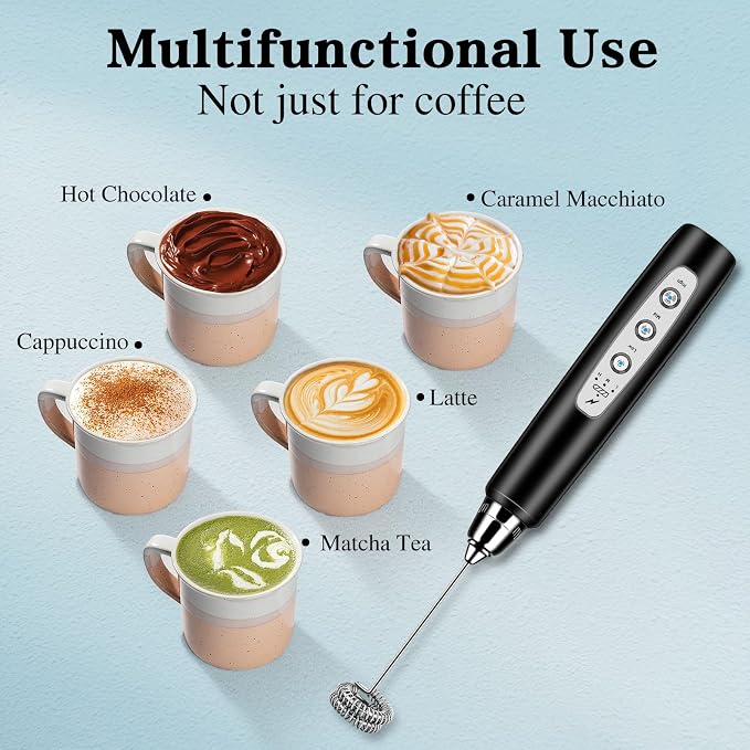 BSRGMS Milk Frother Handheld with Stand, Electric Whisk 3 Speed Adjustable, Drink Mixer with Stainless 3 Whisk, Rechargeable Hand Frother Wand, Foam Maker for Latte Cappuccino Hot Chocolate Egg Black