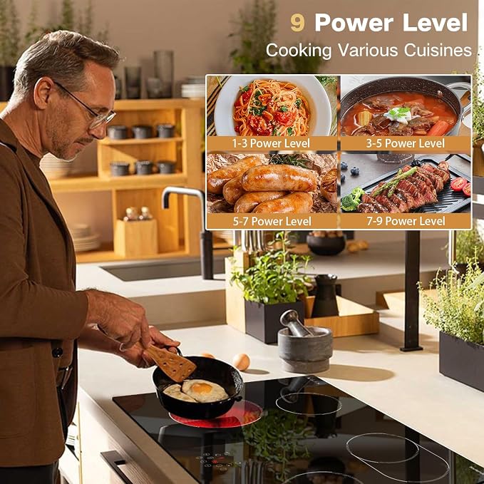 30 Inch Electric Cooktop Built-in Electric Stove Top, 4 Burner Electrics Stove 6400W, Touch Control, Extended Zone, Timer, Safety Lock, Pause, 220-240v, Hard Wire