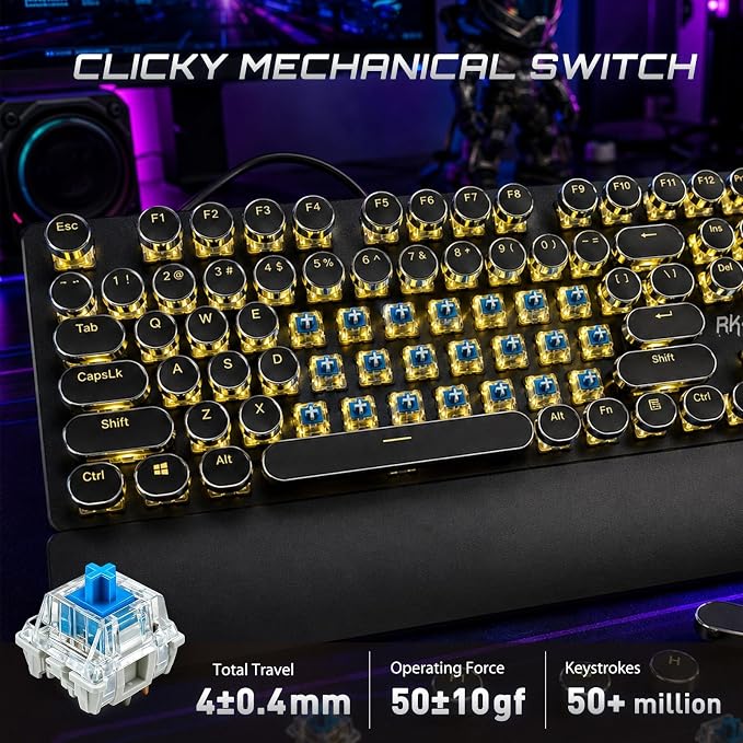 RK ROYAL KLUDGE S108 Typewriter Mechanical Keyboard, Wired Gaming Keyboard with Number Pad, Full Size Retro Keyboards w/Detachable Wrist Rest for Mac/Win/PC, Clicky Blue Switch, Yellow Backlit Black