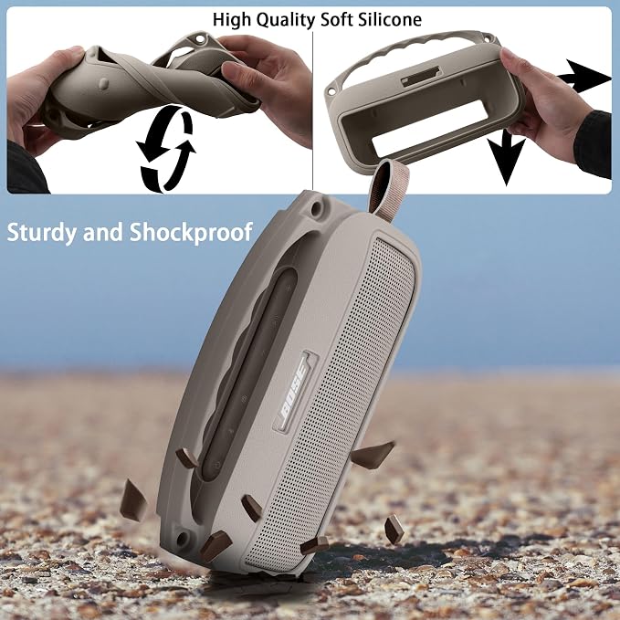co2CREA Hard Case and Silicone Case Replacement for Bose New SoundLink Flex 2nd Gen/Bose SoundLink Flex Bluetooth Portable Speaker, Protective Case with Carabiner and Shoulder Strap (Sandstone Case)