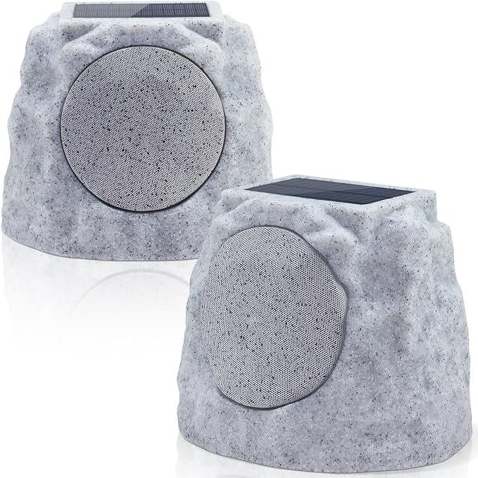 uuffoo 2-Pack Outdoor Rock Speakers Waterproof Patio with Lights Color,Multi-Sync Up to 100 Speakers&TWS Pair,Solar Powered and USB Rechargeable for Pool Party Yard Garden Outside