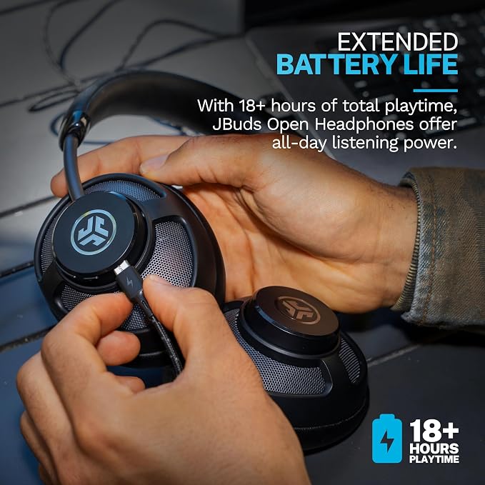 JLab JBuds Open Wireless Headphones – Open-Ear, Comfortable All-Day Fit, 24+ Hour Playtime, Immersive Sound, Bluetooth Headphones with App Control, Black