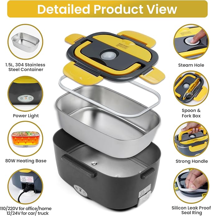 80W Electric Lunch Box for Adults - Heated Lunch Box & Portable Food Warmer with 1.5L Stainless Steel Container | 12V/24V/110-220V Lonchera Eléctrica Portátil for Car, Truck & Office - Grey