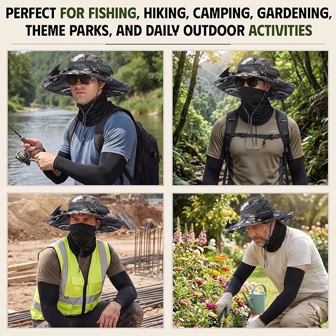 Syhood Solar Powered Fan Hat Neck Gaiter Arm Sleeves Sun Bucket Hat with Fan Cooling Wide Brim Hats for Fishing Hiking