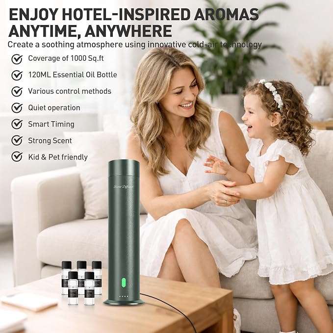 Waterless Scent Diffuser Starter Kit - 1000 Sq Ft Coverage, Hotel Scent Diffuser, Essential Oil Diffuser for Home & Large Room, Included 5 Scent Oils, Remote Control, SandGreen, 11In