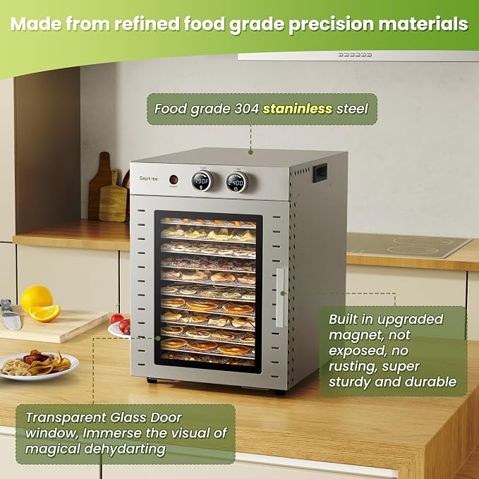 Food Dehydrators Machine with 12 Stainless Steel Trays with Timer Setting Temperature Adjusted 68 ℉ to 194 ℉ Dryer for Herb Fruit Meat Vegetables Mushroom Beef for Commercial Household Dark Black