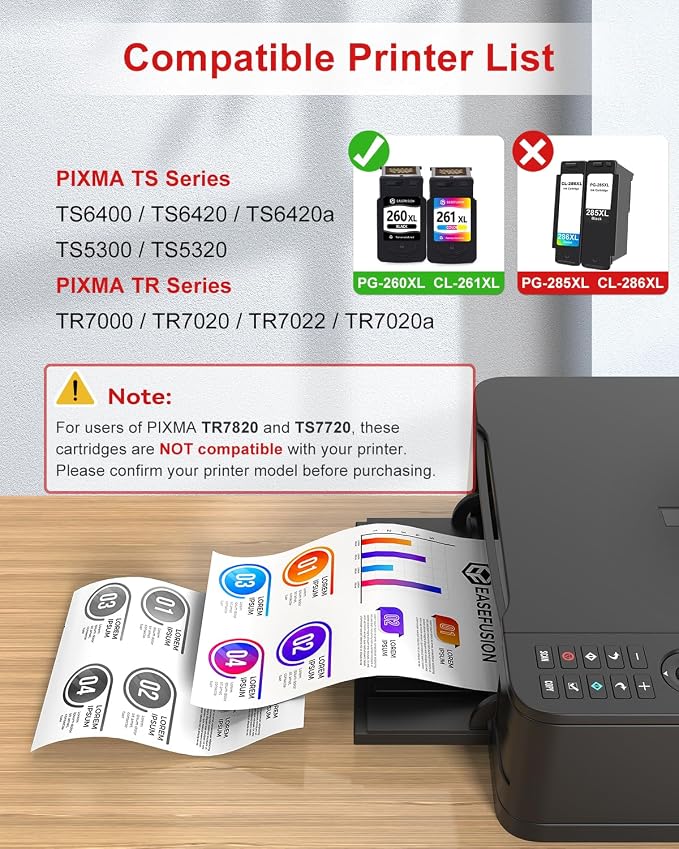 EaseFusion 260XL 261XL Replacement for Canon 260 and 261 Ink Cartridges PG-260 CL-261 Compatible with Canon Pixma TS6420a TS6420 TS6400 TR7020a TS5320 TR7000 TS5300 TR7020 Printer Ink Cartridges