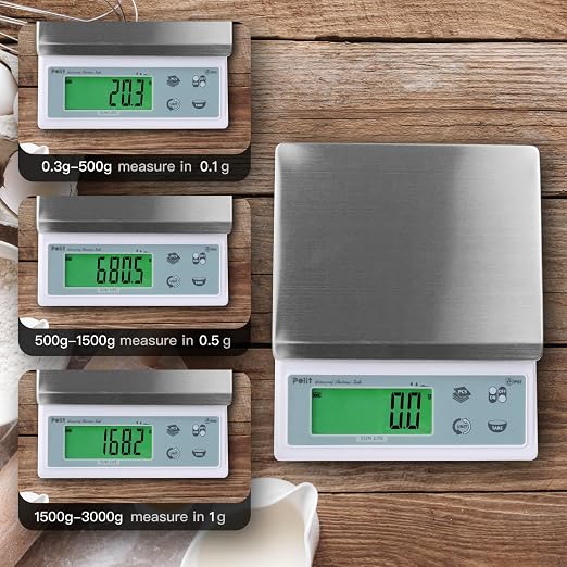 Polit Sun Lite IP65 Waterproof Baking Scale — 6.6lb/3kg Auto-Precision 0.1g/0.5g/1g Digital Kitchen Scale with Green LCD, Dual Power & Detachable Stainless Tray for Pastry, Seasoning & Daily Cooking