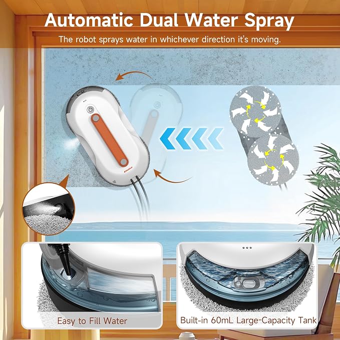 AlfaBot X7Pro Window Cleaning Robot, 6000Pa Suction Robotic Window Cleaner with Dual Auto-Water Spray, 60ml Tank, Smart Path Planning, Remote Control & Safety Rope for High-Rise Windows