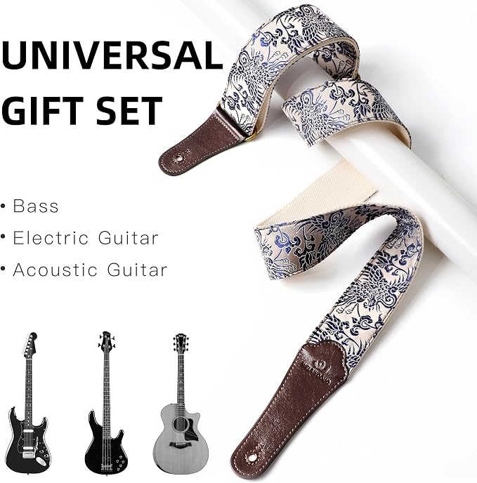 Guitar Strap, Electric& Acoustic bass guitar straps,embroidered filament with Head Cowhide Leather strap, with Free Strap Button,2 guitar Strap Locks，4Guitar Pick (Cyanotype)