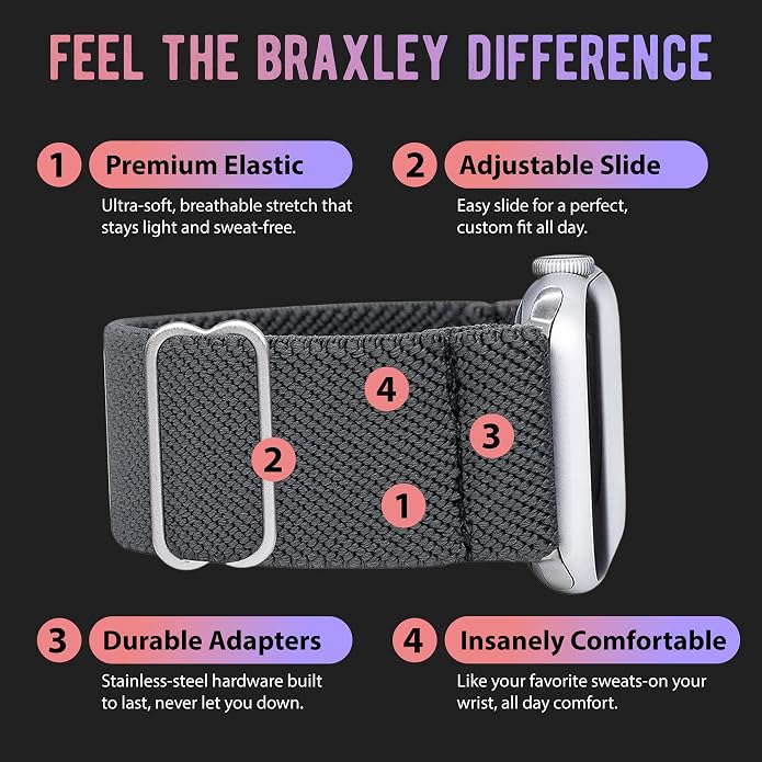 Braxley Bands for Apple Watches - Stretchy and Washable - Adjustable with Apple Watch Bands for Women & Men - Compatible with Apple Watch Series SE Ultra 9 8 7 6 5 4 3 2 1