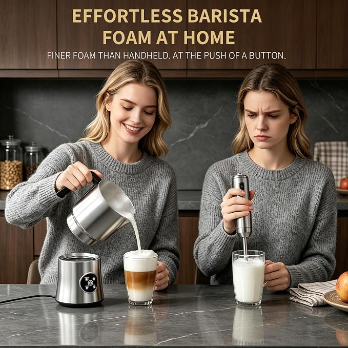 Milk Frother and Steamer, Automatic Hot and Cold Foam Maker with Detachable Stainless Steel Jug, 4-in-1 Electric Frother for Latte, Cappuccinos, Macchiato, and Hot Chocolate