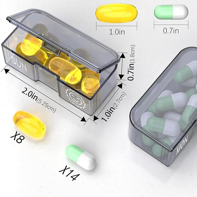 Pill Organizer 7 Day AM PM, Discreet 2 Times a Day Weekly Pill Box with Double Protection Shell, Large Capacity Portable Vitamin Case for Travel Meds & Medicine Organizer (Silver and Yellow)