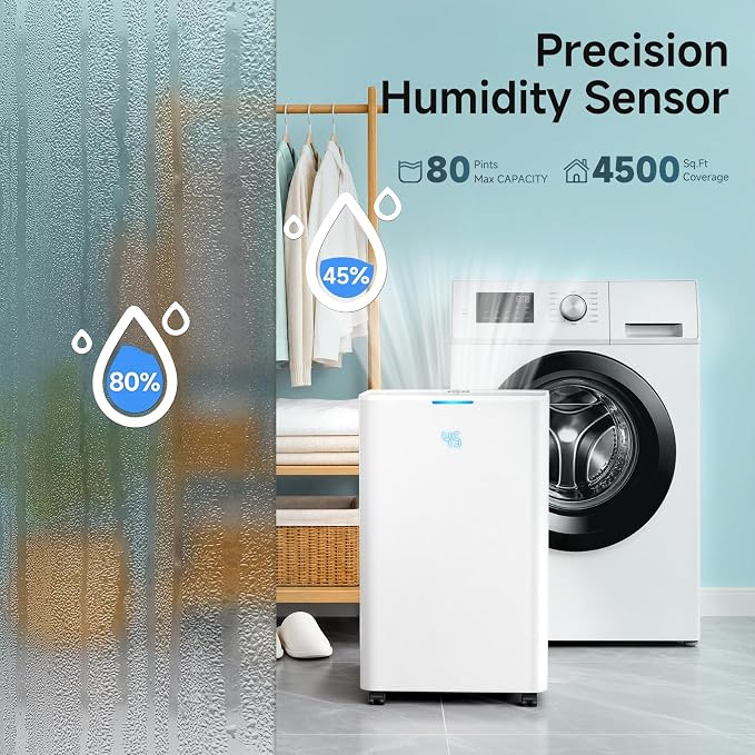 Dehumidifier, Max 80 Pint Dehumidifier for Basement, Up to 4500 Sq.Ft with Drain Hose,Humidity Control and Auto Shut-off,Quiet Smart Compressor for Home, Bathroom, Garage and Large Rooms