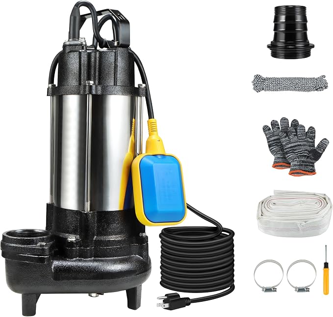 NLIEOPDA 1HP Sewage Grinder Sump Pump, Submersible Effluent Pumps 110V 6400 GPH Auto Float Switch, Cast Iron, 2'' NPT Discharge for Basement, Sump Basin, Residential Sewage