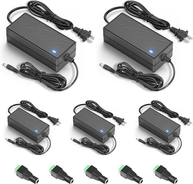 ALITOVE Upgrade DC 12V Power Supply 5A AC Adapter 100~240V 50-60hz to 12 Volt Power Adapter 60W Max 5Amp 4A 5.5x2.1mm Plug with Wire Terminal for LED Light CCTV Security Camera PC Monitor (5 Pack)