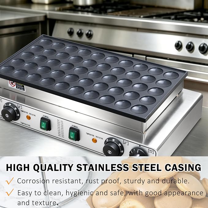 Commercial 50PCS Mini Dutch Pancake Maker 1900W, Adjustable Temp & Timer Control, Non-Stick Teflon Plates Easy to Clean, Durable Stainless Steel Body for Restaurant Catering