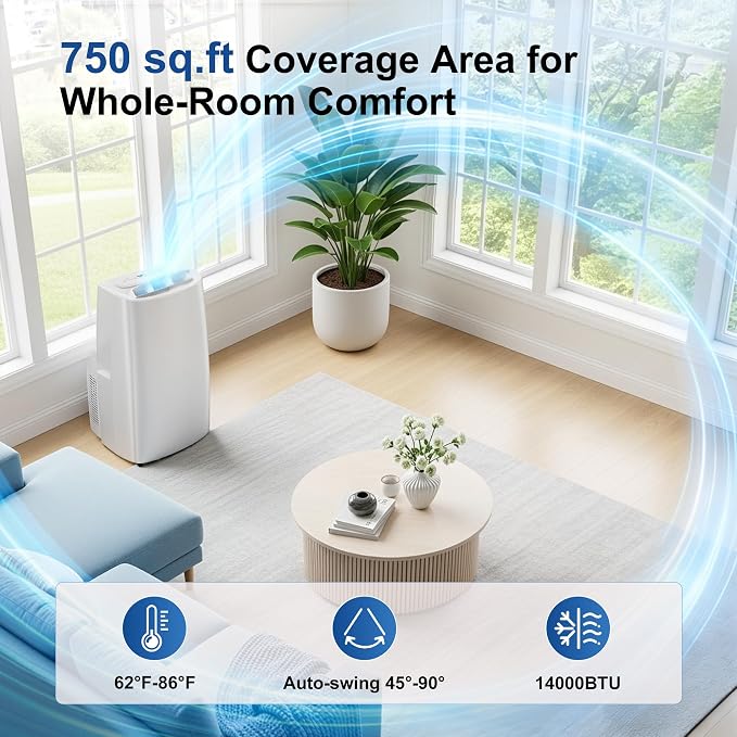 Uthfy 14,000BTU Portable Air Conditioners, 4-in-1 Function Ac Unit with Cooling, Dehumidifier,Fan and Sleep Mode, Self-evaporation, 24H Timer Auto-on/off, Cools up to 750 sq.ft, Window kits Included