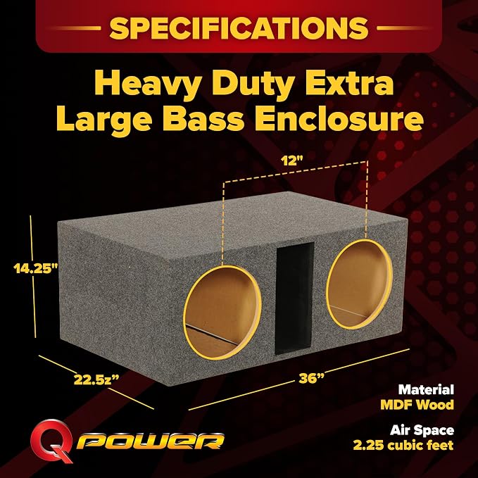 Q Power HD212VL 12 Inch Dual Vented Subwoofer Box, Heavy Duty 2-Hole Extra Large Ported Enclosure with 1-Inch MDF Front, Charcoal Grey Finish