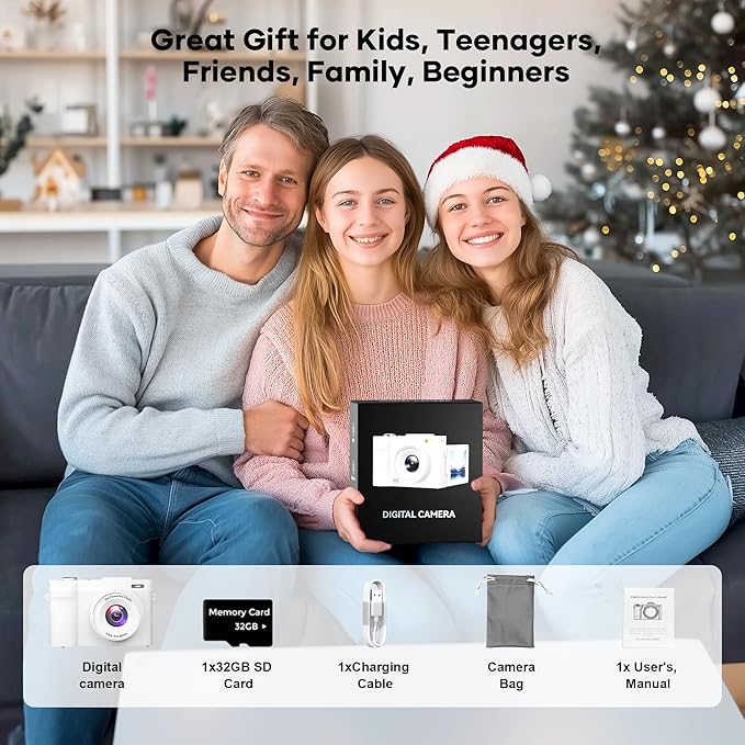 4K Digital Camera for Photography, Small Vlogging Camera with Flip Screen for YouTube, 50MP 16X Zoom, Portable Travel Cameras with 32GB SD Card for Beginners(White)